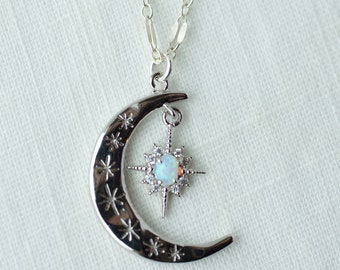 Moon and star necklace, opal moon necklace,  opal star necklace, moon jewelry, gift for her, silver star necklace, layered necklaces for her