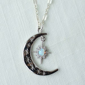 Moon and star necklace, opal moon necklace,  opal star necklace, moon jewelry, gift for her, silver star necklace, layered necklaces for her