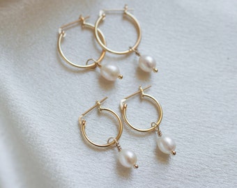 Pearl hoop earrings, gold filled pearl hoop earrings, pearl wedding earrings, gold filled huggies, pearl jewelry for women, gift for her