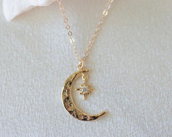 Moon and star necklace, moon necklace, star necklace, dainty moon necklace, gift for her, crescent necklace, Mother's Day gift, celestial