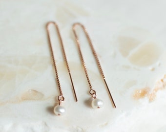 Rose gold pearl threader earrings, pearl threader earrings women, threader raindrop earring, rose gold filled earrings, gift for her, dainty