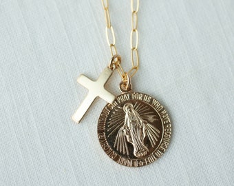 Mary cross necklace, gold filled cross necklace, religious jewelry, layering necklace, Mary necklace, gifs for her, coin necklace for her
