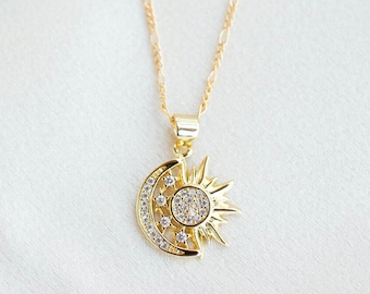 Gold Sun and Moon Necklace: Celestial Jewelry Gift