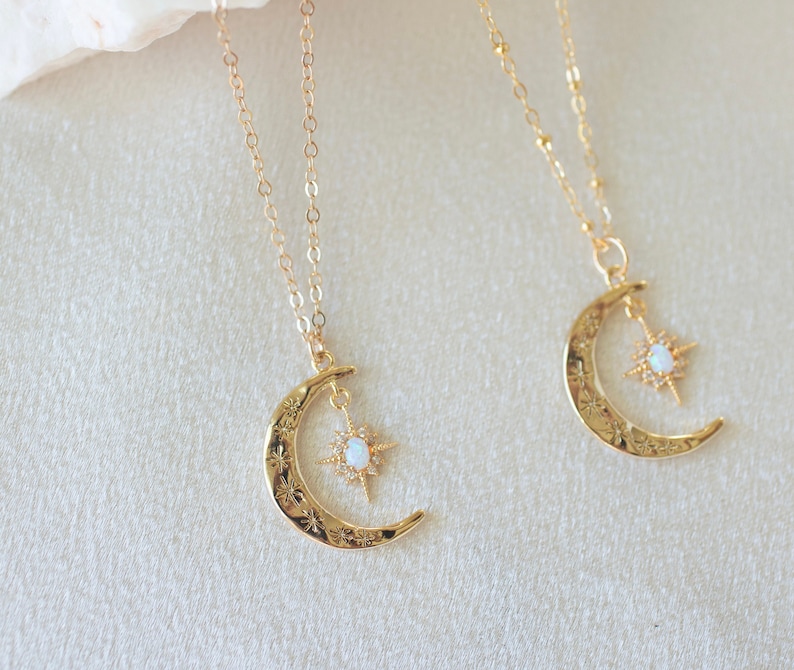 Moon and Star Necklace Opal Moon Necklace Opal Star - Etsy