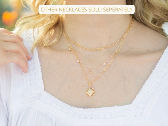 gold tone stainless steel chain necklace minimalist summer jewelry Layering necklace sunshine disc medallion pendant Gold sun necklace birthday gift Celestial 
