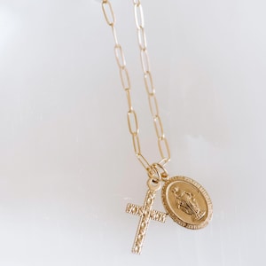 Virgin mary with cross necklace, cross necklace, virgin mary necklace, religious necklace, gold filled necklace, medallion necklace