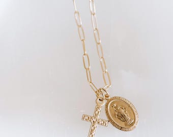 Virgin Mary Cross Necklace • Gold Filled Dainty Catholic Necklace • Tiny Mary Medal & Cross • Religious Faith Jewelry Gift