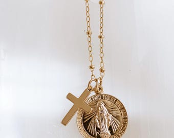 Mary Cross Necklace • 14K Gold Filled Virgin Mary & Cross Pendant
