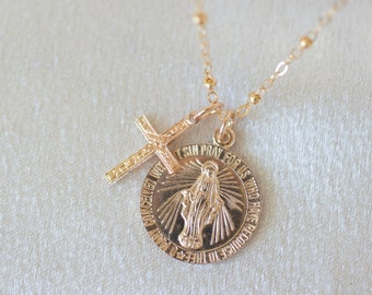 Virgin mary cross necklace, gold filled cross necklace, religious jewelry, layering necklace, Mary necklace, gifs for her, coin necklace