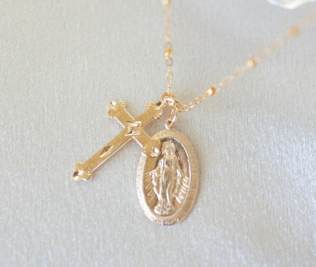 Mary Cross Necklace, Gold Filled Mary Necklace, Religious Jewelry, Gold