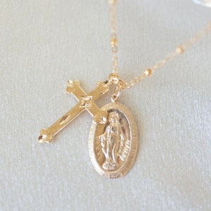 Mary cross necklace, gold filled Mary necklace, religious jewelry, gold filled necklace, layering necklace, cross necklace, gifs for her