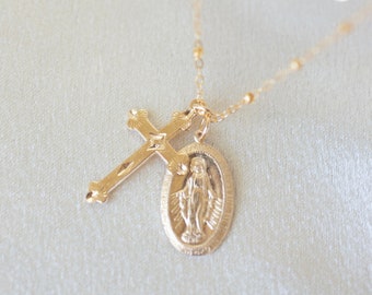 Mary cross necklace, gold filled Mary necklace, religious jewelry, gold filled necklace, layering necklace, cross necklace, gifs for her