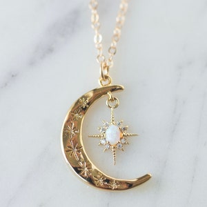 Moon and star necklace, opal moon necklace,  opal star necklace, moon jewelry, gift for her, Mother&#39;s Day gift, layered necklaces for her