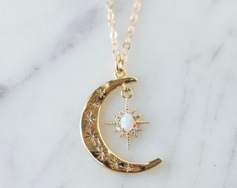 Moon and star necklace, opal moon necklace,  opal star necklace, moon jewelry, gift for her, Mother's Day gift, layered necklaces for her