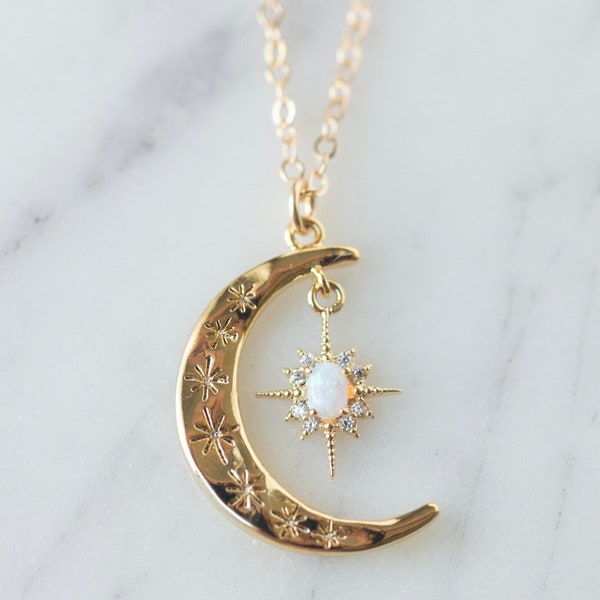 Moon and star necklace, opal moon necklace,  opal star necklace, moon jewelry, gift for her, Mother's Day gift, layered necklaces for her