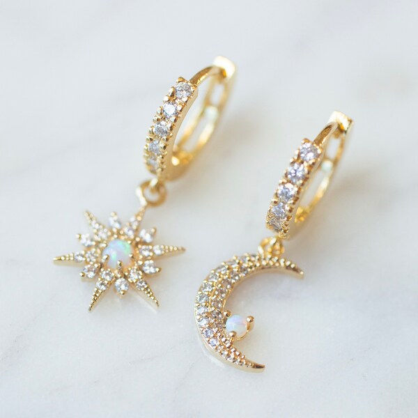 Opal Moon and Star Earrings: Gold Vermeil Huggie Hoops