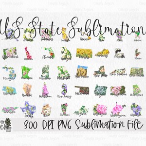 Può includere: Un download digitale di file di sublimazione PNG a 300 DPI che presentano i contorni di tutti i 50 stati degli Stati Uniti riempiti con motivi floreali. Il testo "US State Sublimation" e "300 DPI PNG Sublimation File" è incluso nell'immagine.