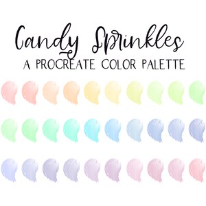 May include: A Procreate colour palette called "Candy Sprinkles" with 24 pastel colour swatches in a rainbow gradient.