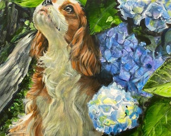 May include: A painting of a Cavalier King Charles Spaniel looking upwards, surrounded by blue hydrangeas and green foliage. The dog has brown and white fur. The artwork is done in an impressionistic style.