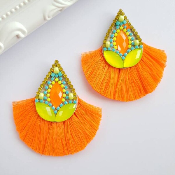 Chandelier earrings - tassels earrings - Orange earrings - handmade earrings - boho earrings - statement earrings - stud earrings - gift