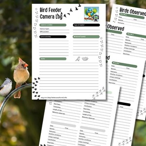 May include: Printable bird feeder camera log and bird observation log sheets. The sheets have sections for date, time, species, unique markings, weather conditions, and more. The image also shows a cardinal and a chickadee on a feeder.