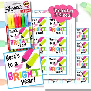 Printable Back-to-School Highlighter-Themed Gift Tags | "Here’s to a BRIGHT Year" | Punny Teacher & Student Gifts | PDF Download Easy Quick