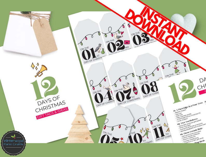 12 Days of Christmas Printable Gift Tags Set Idea Guide DIY Holiday ...