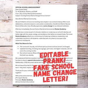 Carta de troca de nome de escola de pegadinha de 1º de abril RIZZLER ACADEMY | Documento Word editável para professores | Pegadinha infantil engraçada para imprimir | Download instantâneo