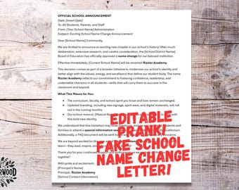 April Fools Prank School Name Change Letter RIZZLER ACADEMY | Editable Word Doc for Teachers | Funny Printable Kid Prank | Instant Download