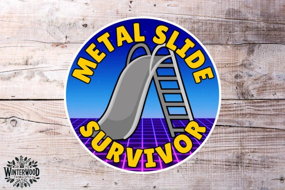 Metal Slide Survivor Sticker | Retro 80s 90s Playground Nostalgia Vinyl Decal | Gen X Millennial Humor Sticker | Funny Gift Idea for Friends