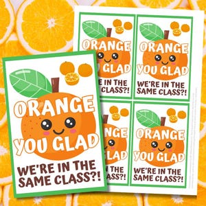 Puede incluir: Dos hojas de papel con gráficos y texto con temática de naranja, sobre un fondo de rodajas de naranja. Los gráficos presentan una naranja sonriente con las palabras "ORANGE YOU GLAD" y "WE'RE IN THE SAME CLASS?!"
