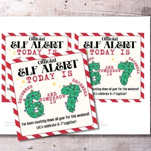 Peut inclure: Cartes sur le thème de Noël avec une bordure à rayures rouges et blanches. Les cartes indiquent "Official Elf Alert Today Is" avec les chiffres 6 et 7 décorés comme des sapins de Noël. Le texte "Décembre" est également présent.