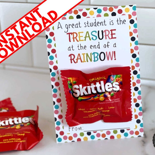 Printable Skittles Themed STUDENT Candy Holder Cards | DIY Valentine Cards | Easy Class Gift from Teacher | Rainbow Digital Download School