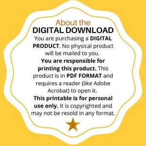 Puede incluir: Fondo amarillo con una estrella blanca y texto que dice "Acerca de la DESCARGA DIGITAL Est&aacute;s comprando un PRODUCTO DIGITAL. No se enviar&aacute; ning&uacute;n producto f&iacute;sico. Eres responsable de imprimir este producto. Este producto est&aacute; en FORMATO PDF y requiere un lector (como Adobe Acrobat) para abrirlo. Este imprimible es solo para uso personal. Est&aacute; protegido por derechos de autor y no se puede revender en ning&uacute;n formato."