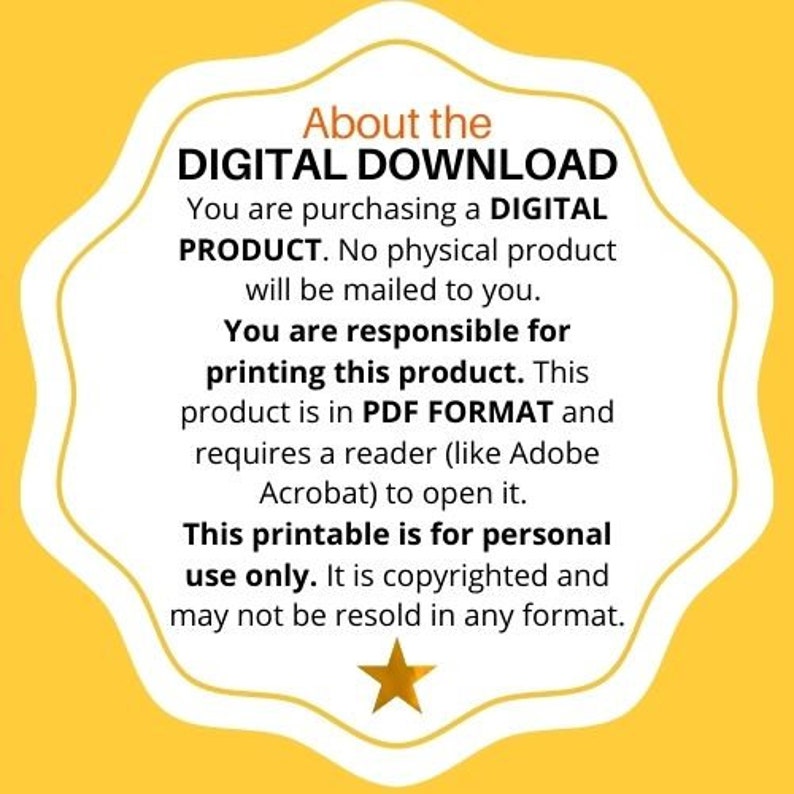 Puede incluir: Fondo amarillo con una estrella blanca y texto que dice "Acerca de la DESCARGA DIGITAL Est&aacute;s comprando un PRODUCTO DIGITAL. No se enviar&aacute; ning&uacute;n producto f&iacute;sico. Eres responsable de imprimir este producto. Este producto est&aacute; en FORMATO PDF y requiere un lector (como Adobe Acrobat) para abrirlo. Este imprimible es solo para uso personal. Est&aacute; protegido por derechos de autor y no se puede revender en ning&uacute;n formato."