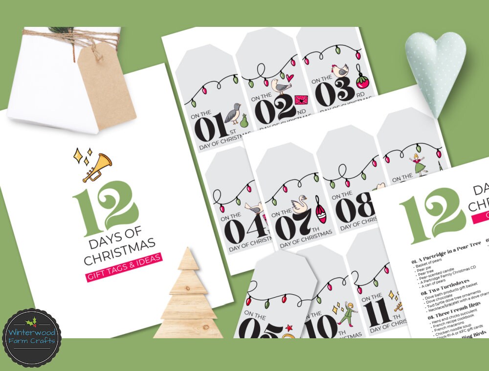 12 Days of Christmas Printable Gift Tags Set Idea Guide DIY Holiday ...