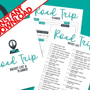 Könnte beinhalten: Ein Satz druckbarer Roadtrip-Planer und Bucket-Listen. Das Design hat ein türkis-weißes Farbschema mit den Worten "Road Trip" in einer handschriftlichen Schriftart. Der Planer enthält Abschnitte für Route, Städte, Daten und Wettervorhersage. Die Bucket-Liste enthält verschiedene Roadtrip-Ideen.
