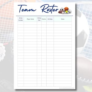 Elenco squadre sportive stampabile / Tabella giocatori tornei di viaggio / Elenco pianificazione allenatori / Download immediato PDF / Organizzatore di 1 pagina