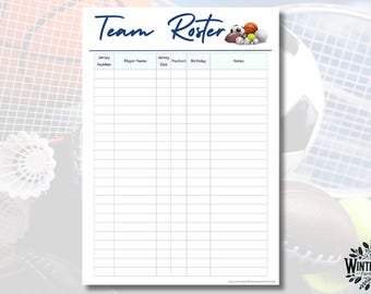 Peut inclure: Un modèle de feuille de présence d'équipe imprimable avec un en-tête bleu qui dit "Team Roster". L'en-tête est décoré d'un ensemble de ballons de sport, dont un ballon de basket, un ballon de football, un ballon de baseball et une balle de tennis. Le modèle comporte des colonnes pour le numéro de maillot, le nom du joueur, la taille du maillot, le poste, l'anniversaire et les notes.