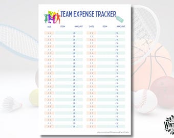 Peut inclure: Un suivi des dépenses d'équipe imprimable avec un schéma de couleurs bleu, vert et blanc. Le suivi comporte des colonnes pour la date, l'article et le montant. Le haut de la page porte le titre "TEAM EXPENSE TRACKER".