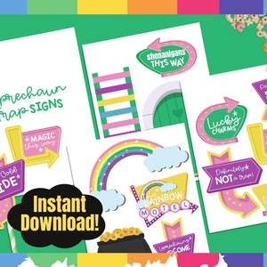 May include: Printable Leprechaun Trap Signs for a St. Patrick's Day party. The signs feature a rainbow, a pot of gold, a ladder, a door, and the text "Leprechaun Trap-Signs", "Magic this way", "Pot of Gold Slide", "Shenanigans this way", "The Rainbow Motel", "Lucky Charms", "Definitely Not a Trap", and "Gold this way".