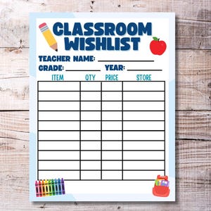 Teacher Wishlist Classroom Supplies PTA Printable | Back to School Home and School | Printable for Teachers Staff Faculty | PDF