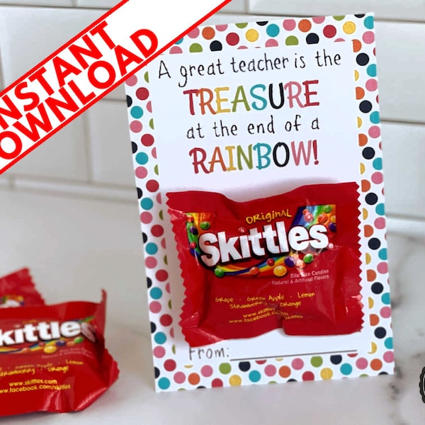 Printable Skittles Themed TEACHER Appreciation Candy Holder Cards | DIY Cards | Easy Faculty Gift Rainbow Digital Download School Staff