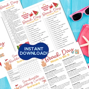 Afdrukbaar BEACH Day-pakket SPELLEN en ACTIVITEITEN | Doe-het-zelf kust | Digitale download | Vakantieplezier voor kinderen en gezinnen | Bucketlist voor zandkastelen