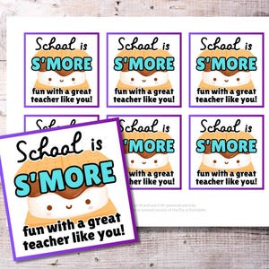 Schule ist S’MORE Spaß druckbare Geschenkanhänger für Lehrer | Niedliche Marshmallow S&#39;mores Dankeschön Tags für Lehrer | Sofort Download PDF