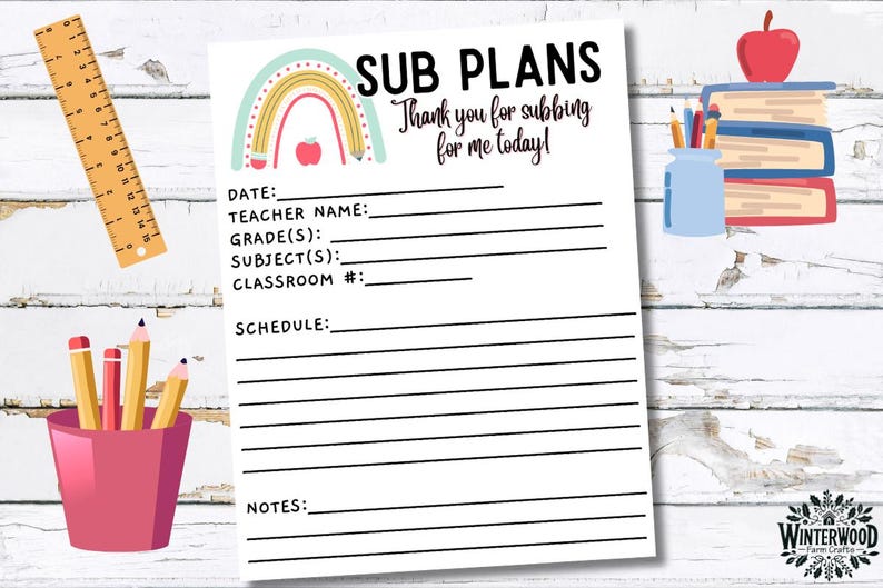 Printable Sub Plans Cover Page | Rainbow Teacher Substitute Notes ...