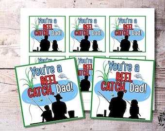 Presentetiketter för pappa, "You're a REEL CATCH" | Utskrivbara etiketter med fars dags-fisketema | Inkluderar versioner för son och dotter | Ladda ner PDF direkt