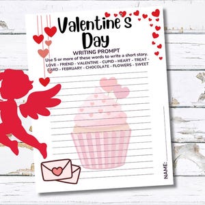 Pode incluir: Folha de sugestões de escrita do Dia dos Namorados com uma silhueta vermelha de Cupido, corações e uma ilustração de cupcake. A folha inclui uma lista de palavras para usar em uma história curta, como "amor" e "amigo".