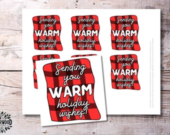 Etiquetas de regalo con forma de manta acogedora para imprimir en formato PDF con el mensaje "¡Le envío mis mejores deseos navideños!" Descarga instantánea Impresión en casa con agradecimiento a los maestros en Navidad
