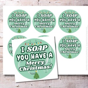 Può includere: Etichette regalo di Natale stampabili con sfondo verde e testo bianco che recita "I soap you have a Merry Christmas!" Le etichette presentano un piccolo albero di Natale e bolle.
